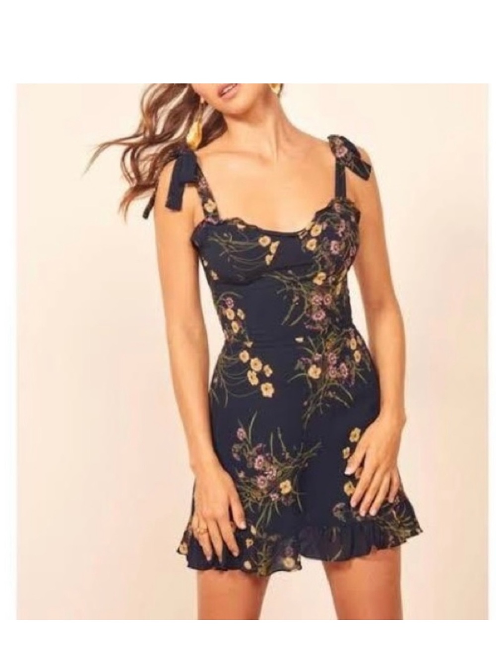 Reformation Navy Floral Tie-Shoulder Mini Dress
